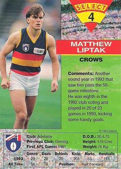 1994 Select AFL #4 Matthew Liptak Back